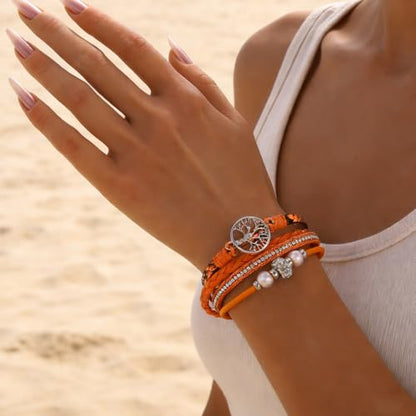 hotoo Leather Wrap Bracelets for Women Tree of Life Cuff Bracelets Pearl Rhinestone Bead Multi-Layer Bracelets Bohemian Jewelry Gift for Women - color: Orange