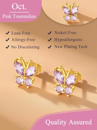 Suplight Butterfly Stud Earrings 925 Sterling Silver 14K Gold Brithstone Earrings for Women Brithstone Jewelry Gifts - color: 10.October ( Pink Tourmaline), size: Gold