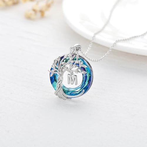 TOUPOP Gifts for Women Tree of Life Initial Necklace 925 Sterling Silver Letter Pendant with Blue Crystal Birthday Jewelry Gifts for Women Her Mom Wife Daughter - color: Tree of Life M Initial