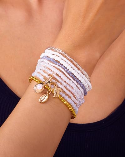 Shell Bracelets for Women Layered Seashell Starfish Bracelets Stackable Stretch Boho Beaded Bracelet Summer Beach Surfer Bracelet Seaside Beach Dress Outfits Accessories - color: A8:shell bracelets