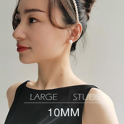 18K Gold Plated 925 Sterling Silver Shell Pearl Stud Earrings,Hypoallergenic to Sensitive Ears - style: D_L - 10mm - Silver