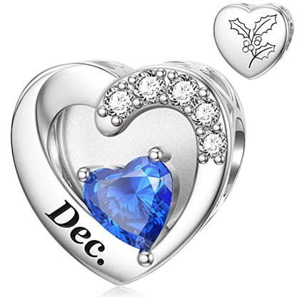 SEVENWELL Jan-Dec Birthstone Charms for Pandora Bracelets, Heart Charm | Fits Most European Charm Bracelets, Sparkling Heart CZ, Birth Flower Engraved, Gift Ready, Nickel-Free - color: December Birthstone Charm