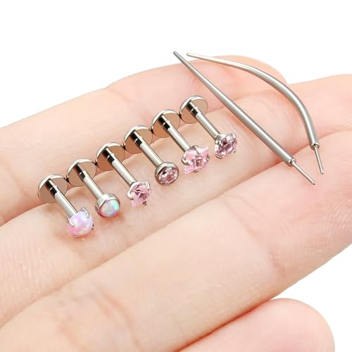 F136 Titanium 20/18/16g Internally Threaded Medusa Monroe Lip Ashley Labret Nose Rings Flat Back Tragus Helix Cartilage Conch Screw Stud Earrings Surgical Steel Piercing Jewelry for Women - color: Pink CZ, size: 16g*1/4in