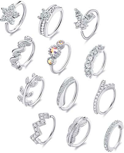 Akeoqi 12Pcs Nose Ring Hoop Cartilage Earring Cute Leaf Star CZ Butterfly Paved Nose Piercing Jewelry for Women men Silver Gold Plated 20G - color: A:Silver1