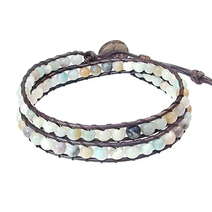 Genuine Stone Wrap Bracelets for Women Natural Crystal Beaded Wrap Bracelet 2/3/5 Adjustable Bohemian Bracelets Jewelry Gifts for Women Mom - color: amazonite(2 wraps)