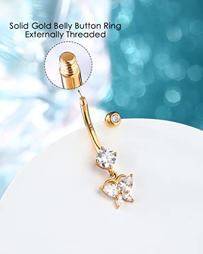 Melighting 14K Solid Gold Butterfly Belly Button Rings for Women - Dangle Belly Piercing With Clear CZ - Navel Rings for Woman Body Piercing Jewelry