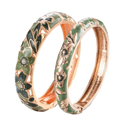 UJOY Cloisonne Bracelet Lotus Flower Plated Cuff Bangle Enameled Jewelry Bracelets Gift for Women Pack in Case 88B16 - color: A11-2 Pcs Set-Green
