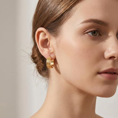 14K Gold Hoop Earrings for Women 20mm Gold Earrings for Women Trendy 14k Gold Huggie Earring for Women Hoops Unique Twisted Beaded Pattern Womens Hoops Earring