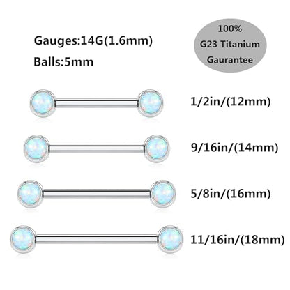 14G Nipple Rings Titanium Nipple Jewelry for Women Bridge Piercings | 1 Pair Nipple Bars,Hypoallergenic Nipple Barbells,Internally Threaded Nipple Piercings,Tongue Rings,Straight Barbells - color: Styele4:White Opal,Silver, size: 14G+1/2"(12mm)
