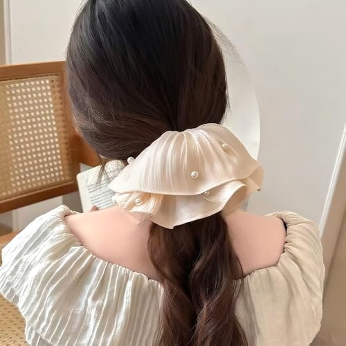 3Pcs Flowing Satin Scrunchies for Women Big Scrunchie with Pearl Pleated Satin Scrunchie Elastic Hair Ties White Black Blue Cute Scrunchy Ponytail Holders Large Scrunchies Womens Hair Accessories