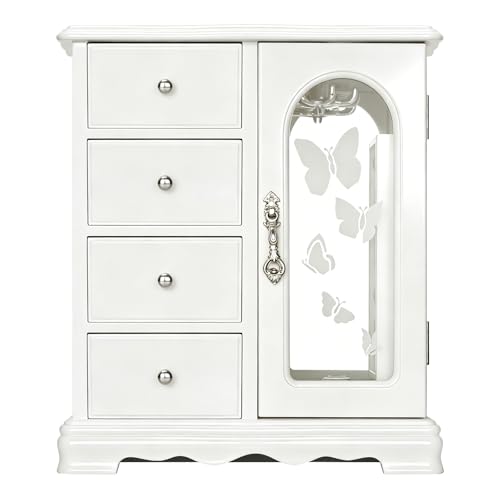 RR ROUND RICH DESIGN Solid Wood Jewelry Box White | Large Organizer with 4 Drawers, Built-in Necklace Carousel & Large Mirror - style: Fashion White