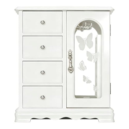 RR ROUND RICH DESIGN Solid Wood Jewelry Box White | Large Organizer with 4 Drawers, Built-in Necklace Carousel & Large Mirror - style: Fashion White