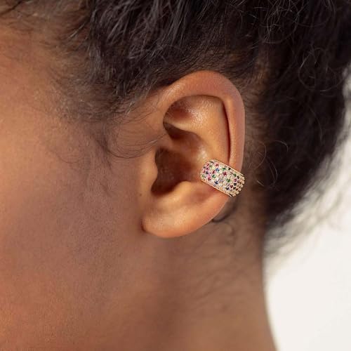 Chunky Ear Cuff Earrings for Women Single | Non Piercing, Clip On, 14K Gold Plated, Cubic Zirconia, Hypoallergenic, Jewelry Gifts - style: Colorful Wide