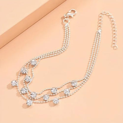 Fesciory Silver Ankle Bracelets for Women, Adjustable Rhinestone Pendant Tennis Anklet, Butterfly Heart Infinite Diamond Summer Beach Foot Chain Jewelry Gifts - style: 3Layered Diamonds1