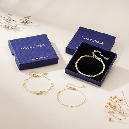 Turandoss Gold Bracelets for Women - Dainty 14K Gold Plated Tennis Bracelet | Stackable Cross Beaded Set, Twisted Rope Chain, Snake Paperclip Chain, Knot Cuff Bracelets for Women, Jewelry Gifts - color: Interlocking Rope Set