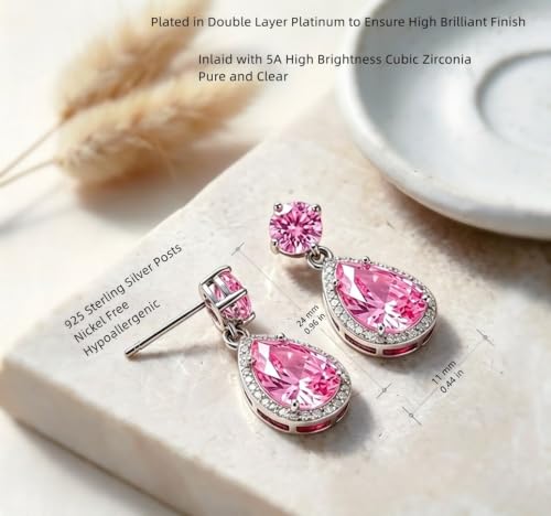 Drop Dangle Earrings Teardrop Gemstone Waterdrop White Gold Plated Crystal Hanging Cubic Zirconia Ruby Sapphire Emerald Jewelry Gift for Women Mother Wife - color: Pink