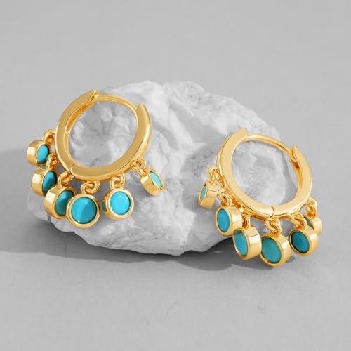 DREMMY STUDIOS Gold Dainty Huggie Hoop Earrings 18K Gold Plated Exquisite Open Tassel Dangle Charm Drop Sleeper Geometric Cross Coin Star Heart White CZ Simple Hypoallergenic Earrings for Women - color: Tassel-Turquoise