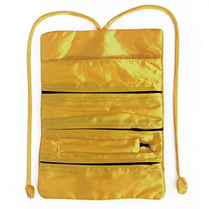 Travel Jewelry Roll Bag - Silk Embroidered Brocade Pouch for Rings, Necklaces, Earrings, Bracelets | Lightweight & Tie Closure (Gold Yellow) - color: Gold Yellow
