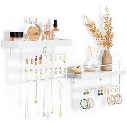 Lolalet Wall Mount Hanging Jewelry Organizer -Set of 2, White | Versatile Hanging Holder with Hooks for Earrings, Bracelets and Necklaces, Easy to Install on Bathroom Wall - color: White