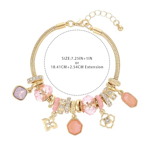 Charm Bracelet Gold Bracelets for Women Gifts | LOVE Heart Hollow Flower Bow Pink Green Square Gemstone Beaded Charm Bracelet Cute Adjustable Bracelet Jewelry - style: Lavender Pink Square Gemstone