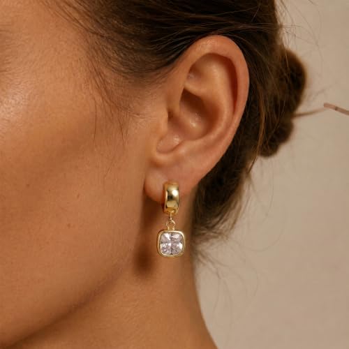 Gold Dangle Earrings for Women, 14K Gold Plated Chunky Hoop Earrings with Charms Cubic Zirconia Drop Earrings Statement Jewelry for Women - color: Gold C