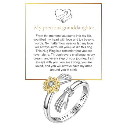 Granddaughter Daughter Hug Ring For Hope Rings, Stainless Steel Inspirational Jewelry Engraved Always With You Love You Forever Message Adjustable Non Tarnish Jewelry Birthday Gift Card - color: Always With You Sunflower