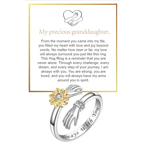 Granddaughter Daughter Hug Ring For Hope Rings, Stainless Steel Inspirational Jewelry Engraved Always With You Love You Forever Message Adjustable Non Tarnish Jewelry Birthday Gift Card - color: Always With You Sunflower