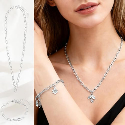 20 Pcs 18K Silver Plated Necklace Bracelet Chain Kit, Paperclip Alloy Link Fit Clip on Charm, Charm Bracelet Necklace Kit for Women DIY Jewelry Making (Silver) - color: Silver