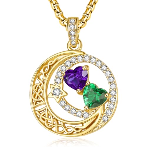 14K Gold Moon and Star Double Birthstone Necklace Gifts for Women | 2 Heart Birthstone Necklace,Mothers Day Wedding Anniversary Birthday Gifts for Wife Mom Daughter Grandma Sister - color: 02-05-Feb-May Birthstone
