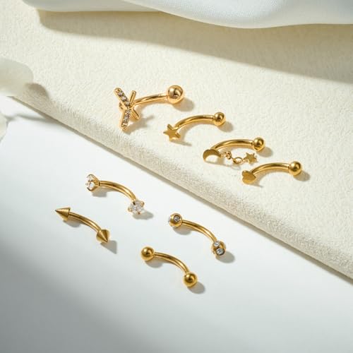 FECTAS 16G 8PCS Rook Piercing Jewelry Eyebrow Rings for Women Rook Earrings Tragus Daith Cartilage Lip Belly Surface Curved Barbell Piercing Jewelry 10mm 8mm - style: style3-8mm-gold
