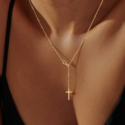 Lariat Necklace for Women, Dainty 14K Gold/Silver Plated Long Necklaces for Women Trendy Simple Layered Y-Shaped Pendant Necklace Adjustable Fashion Jewelry Gift - color: Gold, style: Infinity Cross Pendant