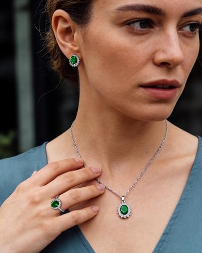 Silver Emerald Jewelry Set Green Cubic Zirconia May Birthstone Stud Earrings Necklace and Open Ring Set for Women Trendy