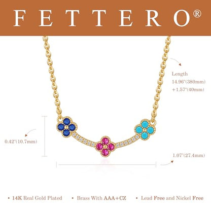 Fettero Dainty 14K Gold Plated Cubic Zirconia Necklaces for Women, Simple Bar Pendant Necklace, Mix-color Rainbow Jewelry Gold Necklace for Women Trendy Gifts - style: Clover