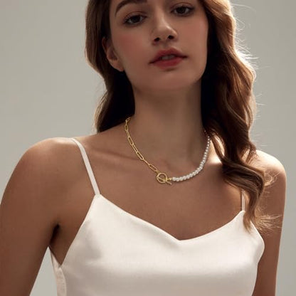 Zeffy Pearl Necklace 4MM/6MM/8MM Dainty Round Imitation Pearl Choker Necklace Wedding Pearl Necklace Delicate Jewelry for Women Simple Bridesmaid Jewelry Gifts - style: 6mm Gold Pearl Paperclip Necklace(17")