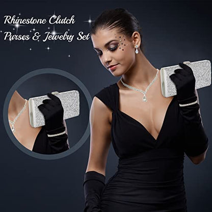 Mixweer 4 Pieces Clutch Purses Bag for Women Evening Rhinestone Jewelry Set Bling Necklace Earrings Bracelets Set for Wedding - style: Bright Style