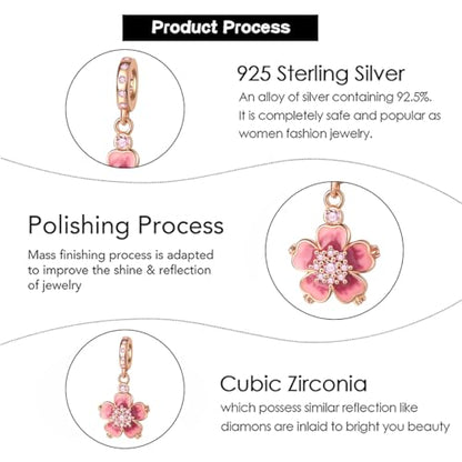 Charm for Bracelets and Necklaces Heart Cat Flower Boy 925 Sterling Silver Bead Birthday Jewelry Gift for Women - color: Pink Flower Charm