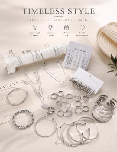 YEEZII 56 Pcs Gold Jewelry Set for Women with 5Pcs Layered Necklace, 5Pcs Layered Necklace, 12 Bracelets, 4 Hoop Earrings, 8 Stackable Rings, 10 hairpins, 12 Studs Earrings Jewerly set for Women - color: SilverB
