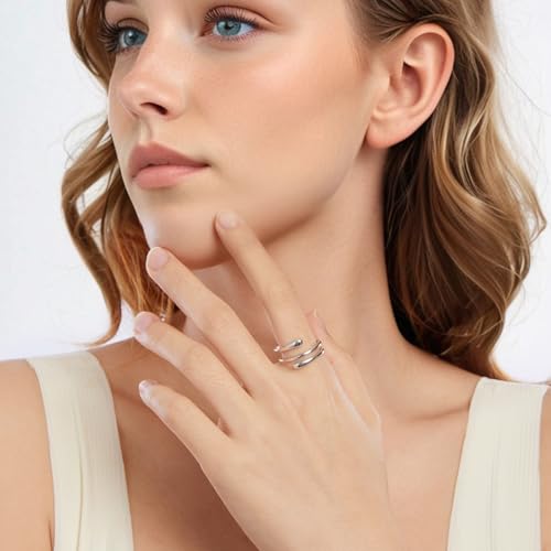 MUNDELL 925 Sterling Silver Simple Multi-layer Leaf Adjustable Ring Green Lucky Leaves Statement Ring for Women Promise Ring Fine Jewelry - color: Silver White