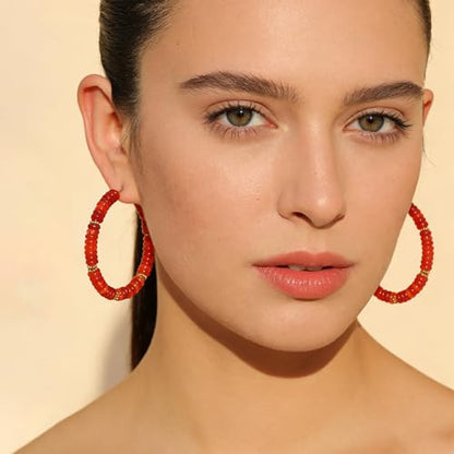 Wellike Beaded Hoop Earrings for Women Natural Stone Pink Gold Huggie Earrings Hypoallergenic Dainty Waterproof Trendy Jewelry - color: Red, size: 55mm