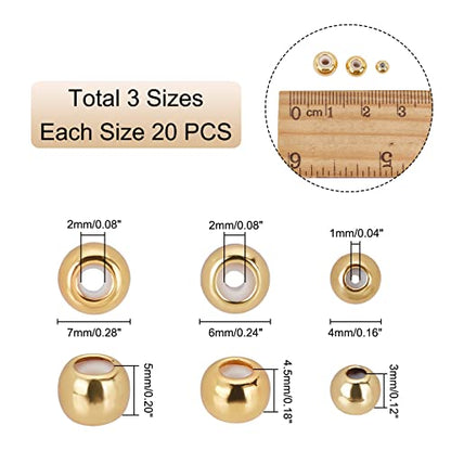 PH PandaHall 18K Gold Stopper Beads, 60pcs Silicone Slider Beads Brass Rubber Beads Adjustable Round Beads Positioning Spacer Beads for DIY Jewelry Bracelet Necklace Making, 4/6/7mm - size: 4/6/7mm
