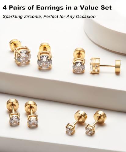 4 Pairs 14K Gold Plated CZ Flat Back Stud Earrings, 3-6mm | 3/4/5/6mm round CZ flat back studs in 14K gold plated 316L surgical steel for lobe, helix and ear stacks. - style: Gold-B-2