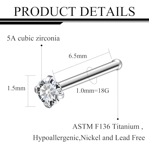 ASTM F136 Titanium Nose Rings 18G 20G 22G Clear Cubic Zirconia Nose Studs Ring Screw L-Shaped Bone Hypoallergenic Body Piercing Jewelry for Women 1.5mm 2mm 2.5mm 3mm 10PCS - style: Bone:18G(1.0mm)-1.5mm CZ