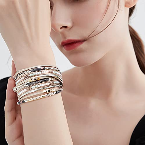 Wowanoo 3Pack Leather Cuff Bracelet Set Multilayer Wrap Bracelet Crystal Feather Tree Bracelet Magnetic Clasp Bracelet for Women - color: Leopard Black