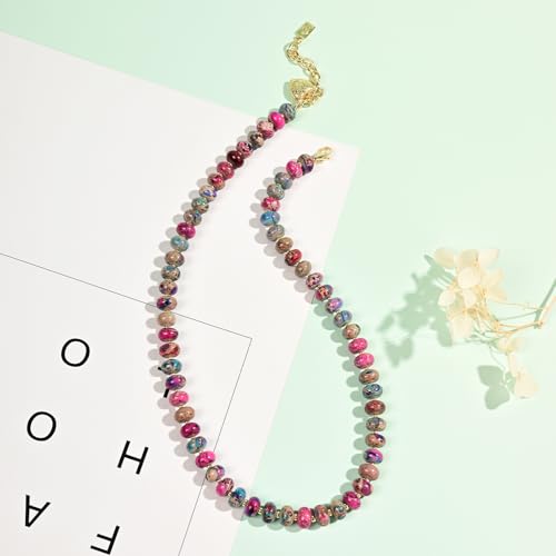 Boho Gemstone Beaded Necklace for Women – Colorful Natural Stone Choker 18K Solid Heart-Shaped Pendant, Summer Beach Jewelry - color: Imperial Jasper