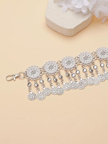 CHIC DIARY Metal Chain Belt for Women Coin Belly Link Tassel Belt for Dress | Boho Style Coin Pendant Tassel Belt Gold/Silver Adjustable Concho Belly Dance Belts for Dresses Skirts Jeans - color: Silver-dance