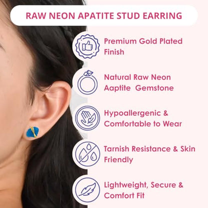 Gempires Wire Wrapped Raw Gemstone Stud Earrings for Women, Birthstone | Handmade wire-wrapped raw gemstone stud earrings — choose from stones and birthstones, artisan raw crystals on gold. - style: Neon Apatite