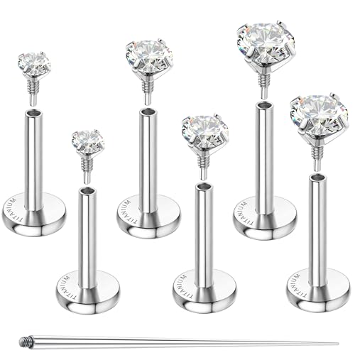 G23 Implant Grade Titanium Flat Back Earrings 16G/18G/20G | 3 Pairs Astm F136 Hypoallergenic Flatback Earrings Internally Threaded Studs for Nose, Helix, Tragus, Conch, Labret Piercing - color: Silver, size: 16G(1.2MM) Bar-6/7/8mm & CZ-2/3/4mm