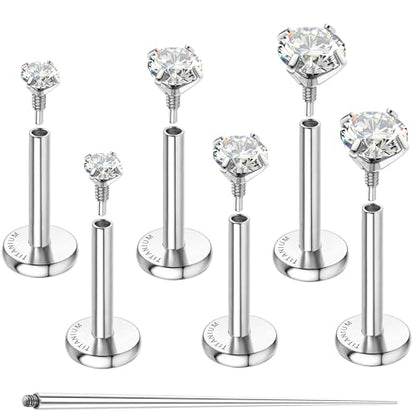G23 Implant Grade Titanium Flat Back Earrings 16G/18G/20G | 3 Pairs Astm F136 Hypoallergenic Flatback Earrings Internally Threaded Studs for Nose, Helix, Tragus, Conch, Labret Piercing - color: Silver, size: 16G(1.2MM) Bar-6/7/8mm & CZ-2/3/4mm