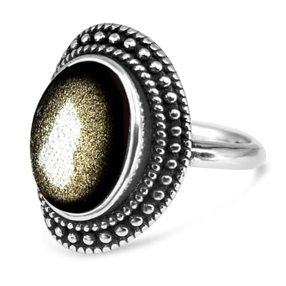 Natural Oval Stone Boho Ring,Retro Antique S925 Sterling Silver Crystal Quartz Gemstone Bohemian Statement Handmade Ring Jewelry for Women Her - color: B11_Black Obsidian