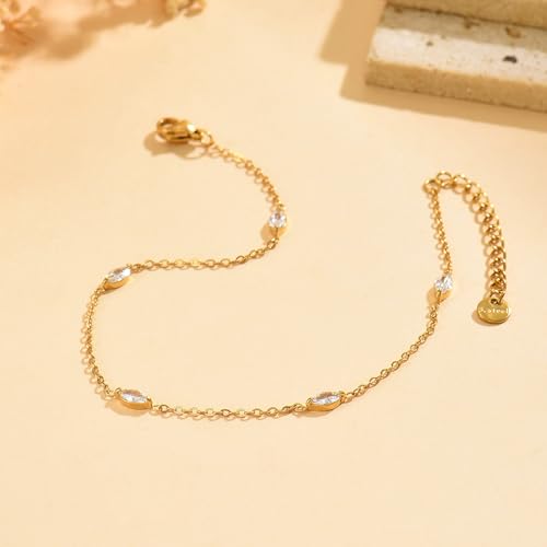 Gold Anklets for Women 18K Gold Plated CZ Ankle Bracelet Dainty Droplet Bar Tennis Ankle Trendy Summer Waterproof Beach Foot Chain Jewelry - color: 5 CZ-Gold